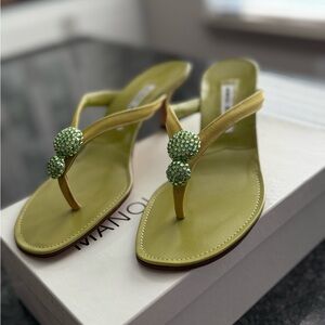 Manolo Blahnik Olive Green Embellished Sandals